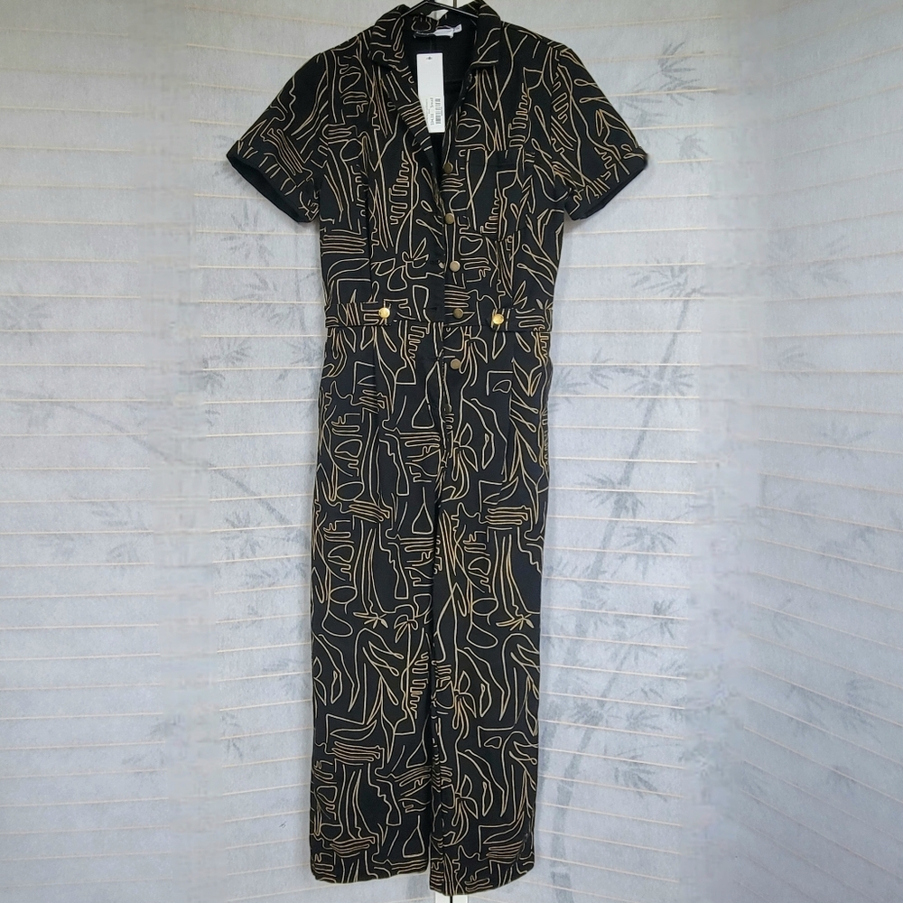 Piper & Scoot Olga Black and Gold Patterned Romper Jumpsuit Size Small NWT